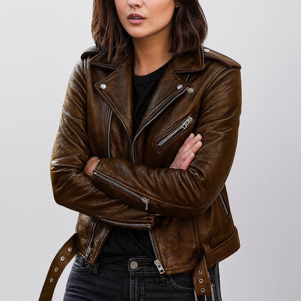 Edgy women's slim fit biker jacket, ideal for autumn/winter outerwear. A fashionable and casual zip-up jacket.