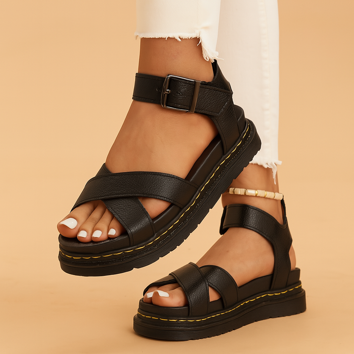 Fashionable women's platform sandals with multi-strappy design & buckle closure, great for trendy summer shoes.