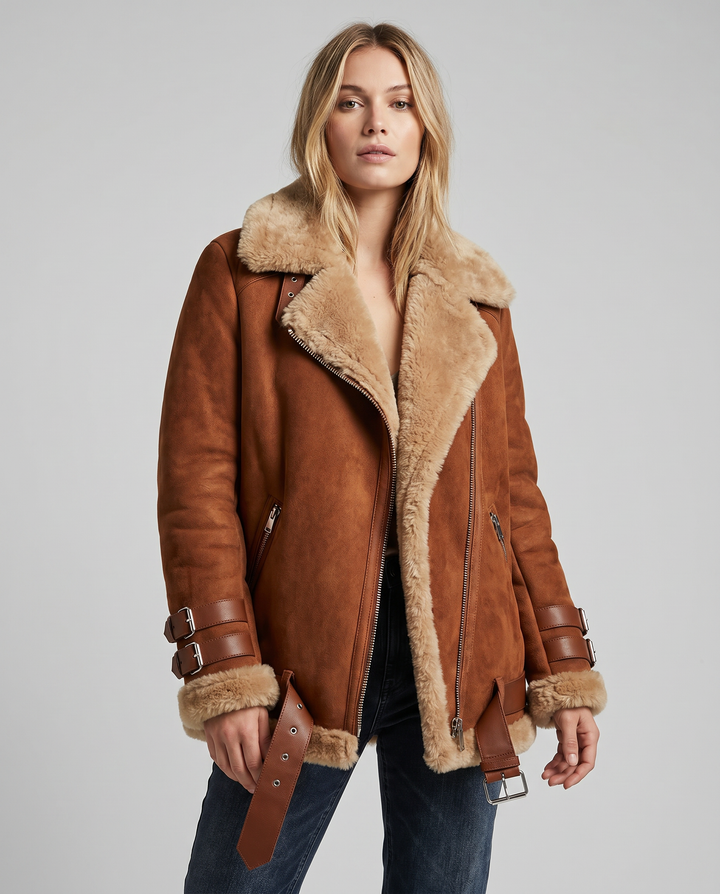 Women's black stylish winter jacket with belt & pockets. Warm, trendy outerwear.