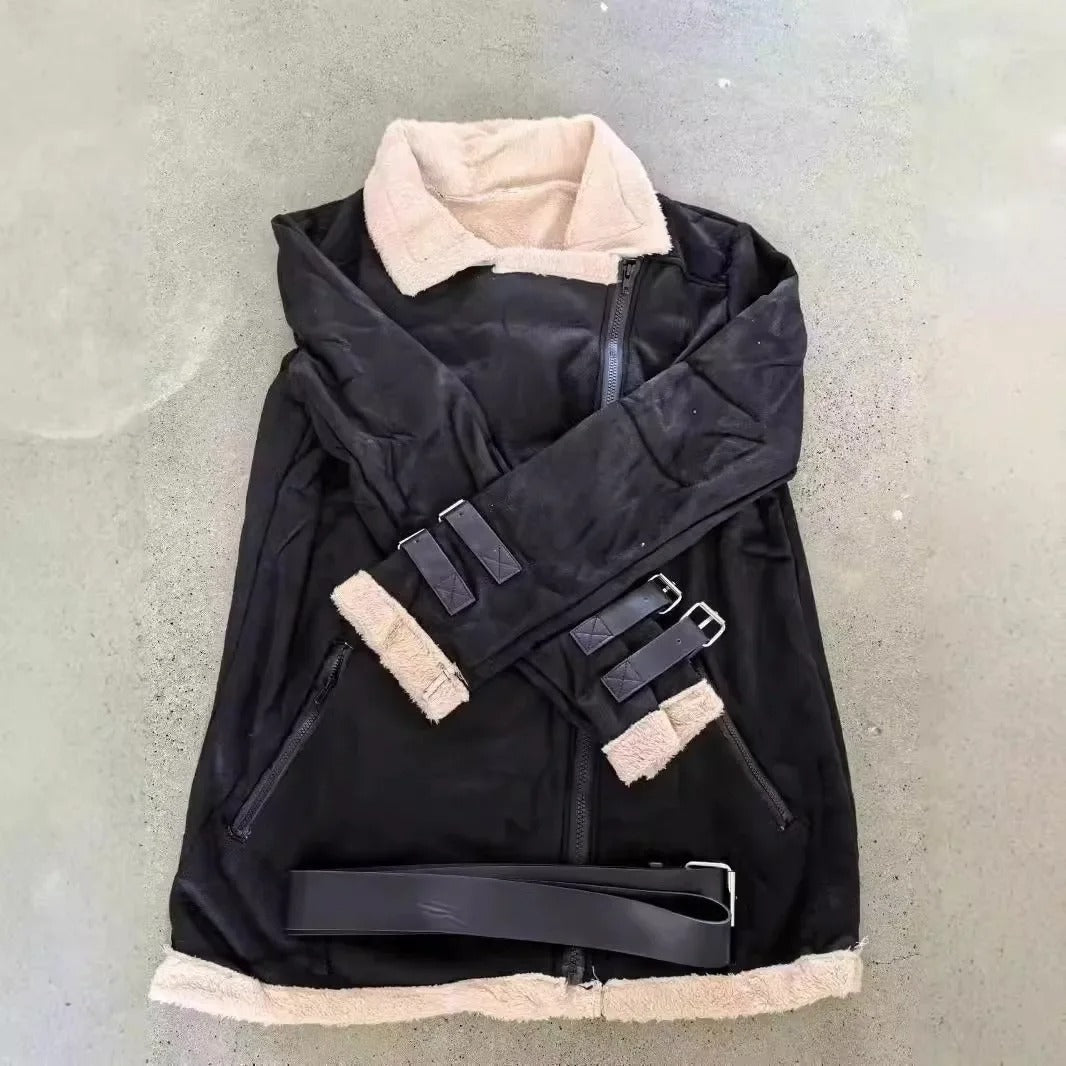 Black women's fashion winter jacket with a stylish belt & practical pockets. Warm, trendy outerwear.