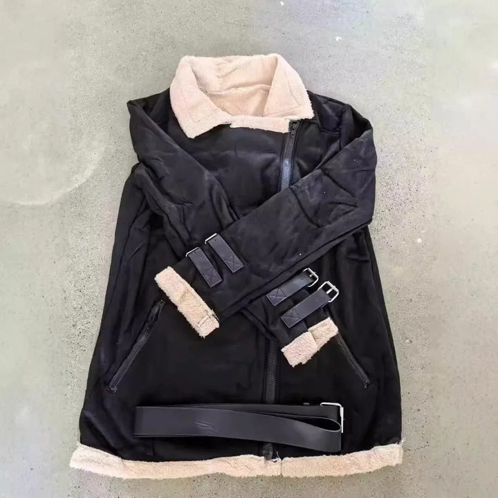 Black women's fashion winter jacket with a stylish belt & practical pockets. Warm, trendy outerwear.