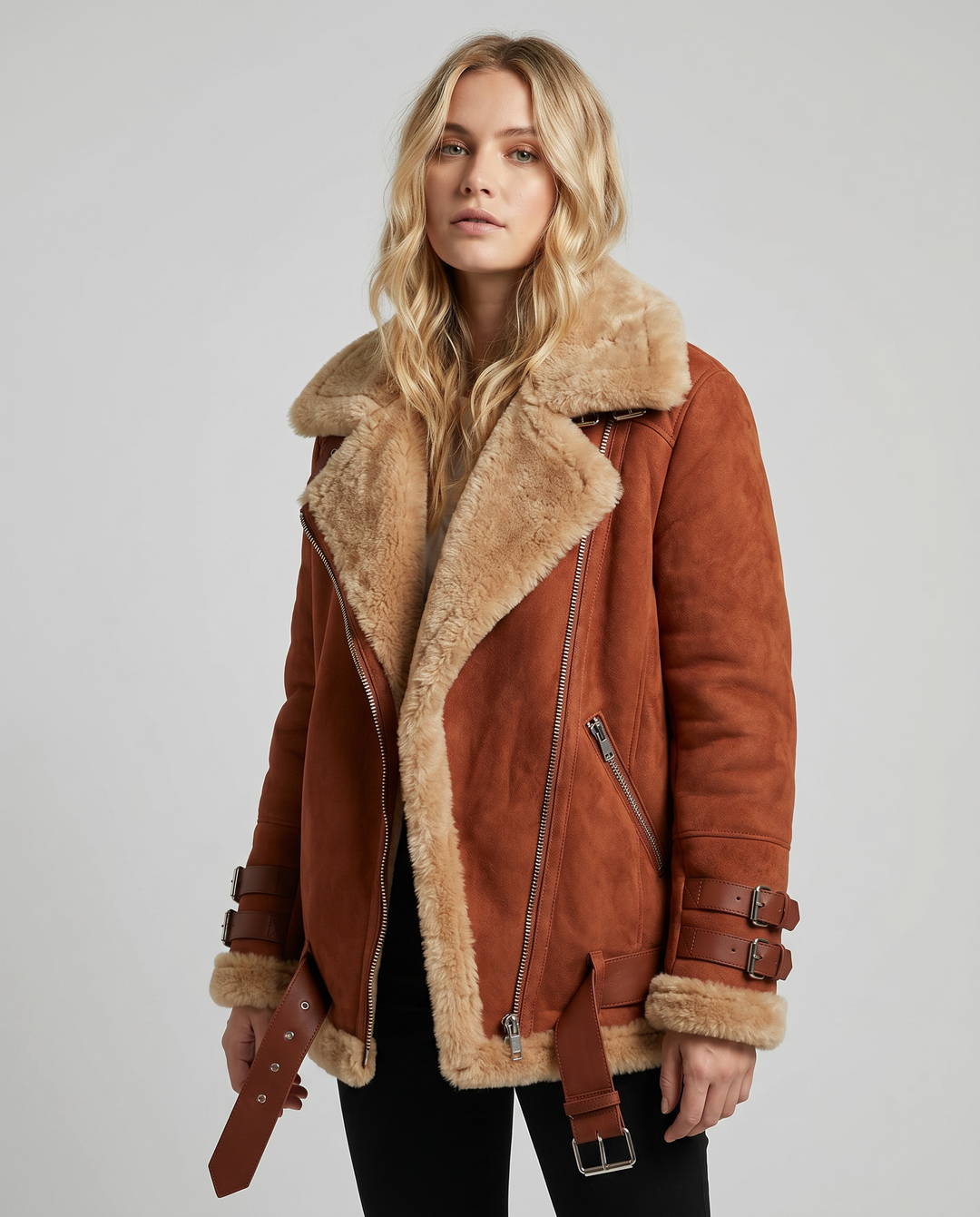 Trendy orange belted winter jacket for women, cozy & functional pockets. Fashion outerwear.