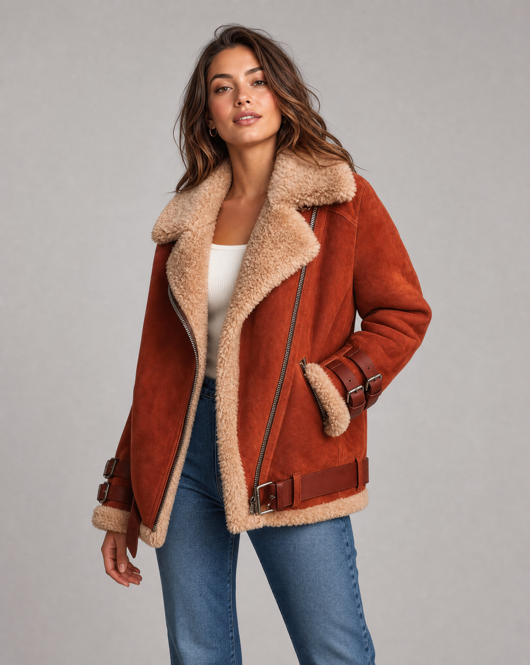 Cozy grey women's winter jacket with a stylish belt & deep pockets. Warm fashion coat.