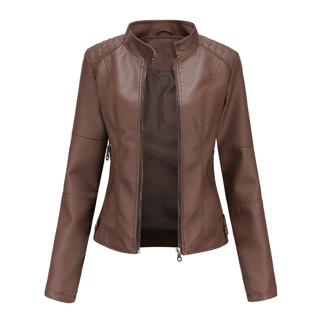 Fitted women's black leather jacket, perfect for smart casual or formal versatile outerwear style.
