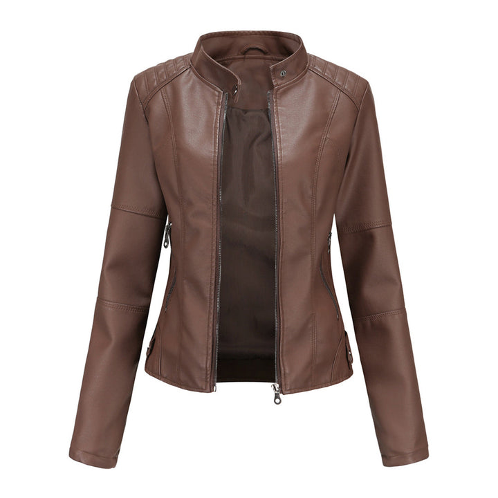 Fitted women's black leather jacket, perfect for smart casual or formal versatile outerwear style.