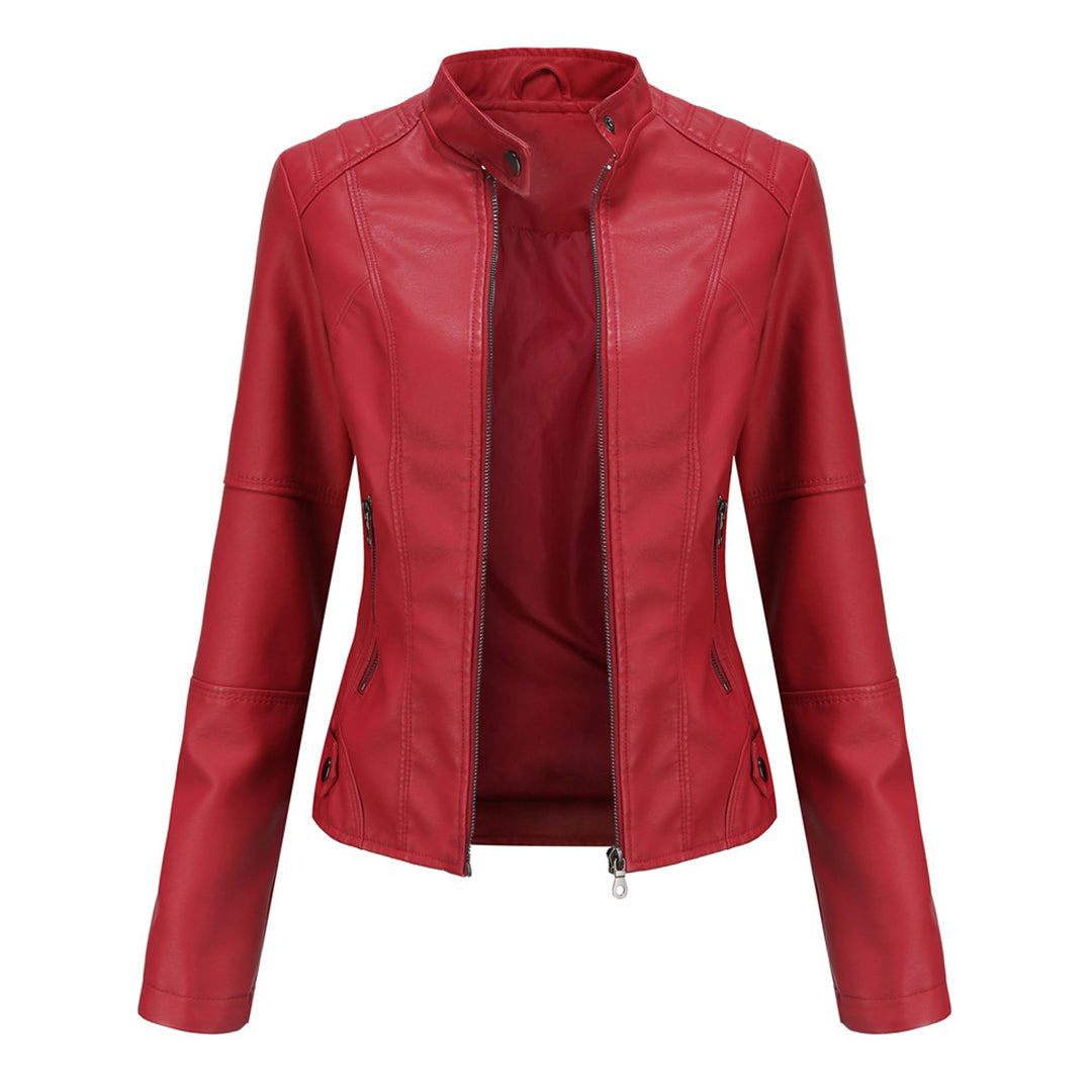 Stylish women's brown leather tailored jacket, a chic and elegant slim-fit outerwear piece.