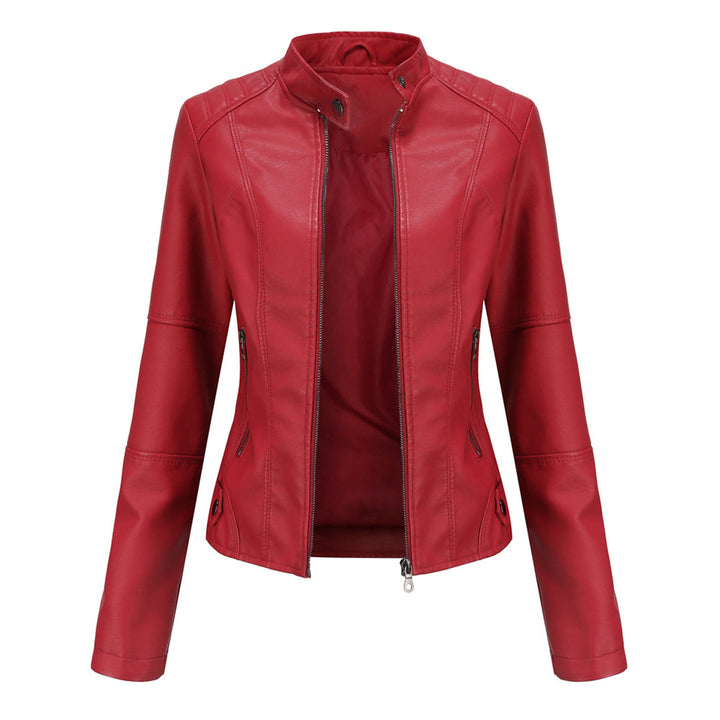 Stylish women's brown leather tailored jacket, a chic and elegant slim-fit outerwear piece.