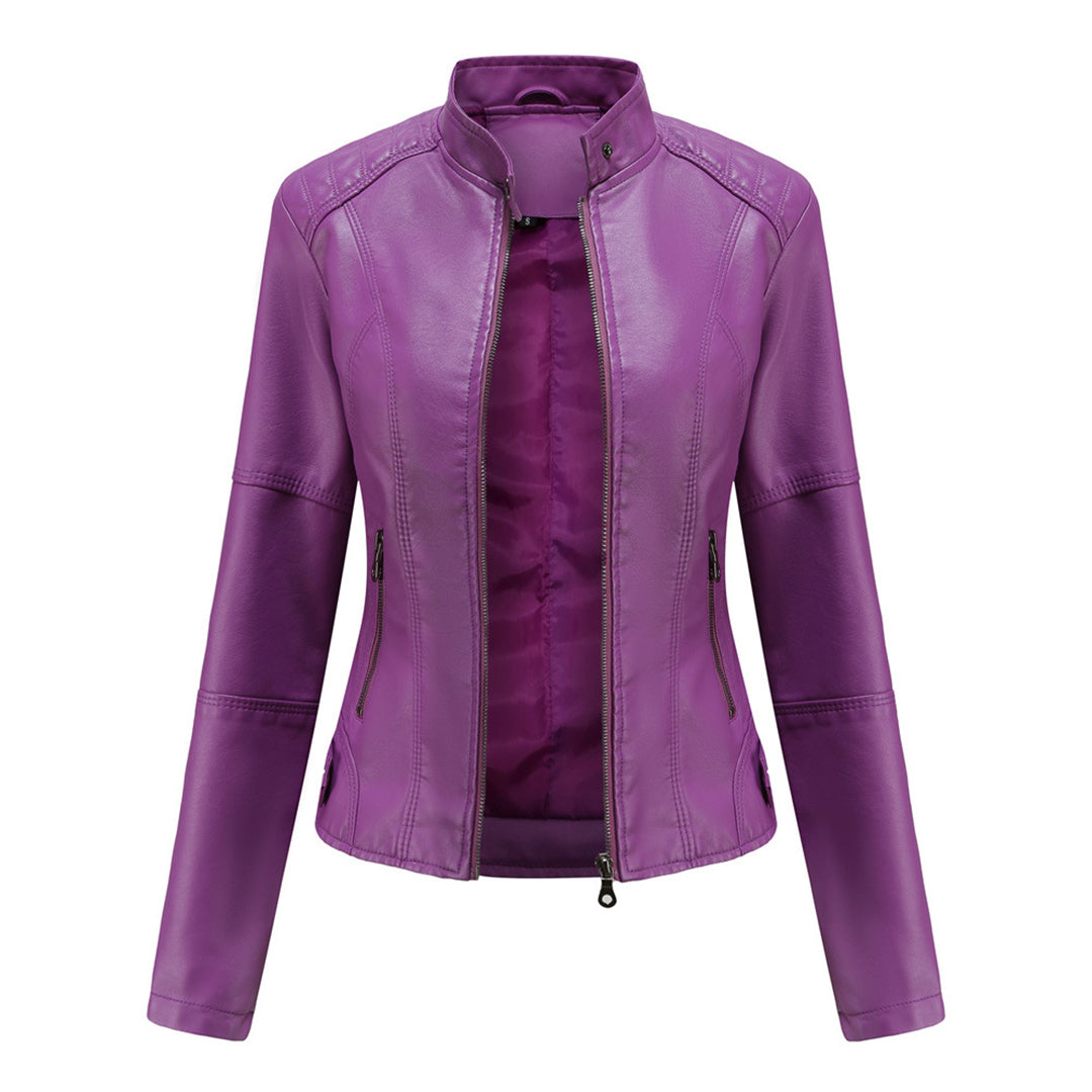 Elegant women's versatile tailored leather jacket, a chic slim-fit outerwear for fashion-forward style.