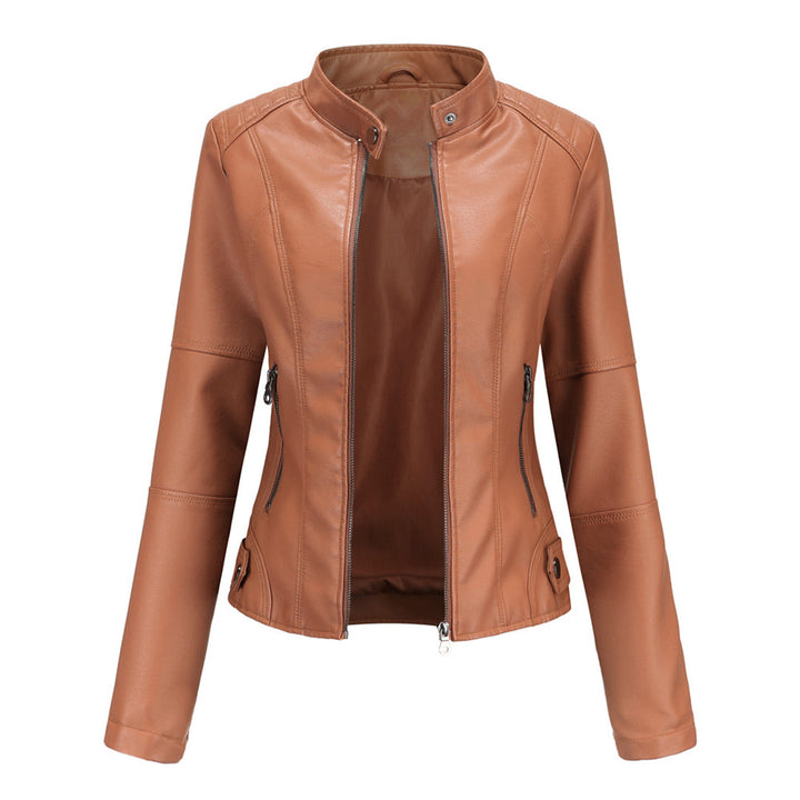 Fashionable women's fitted black leather jacket, ideal for smart casual or formal occasions.