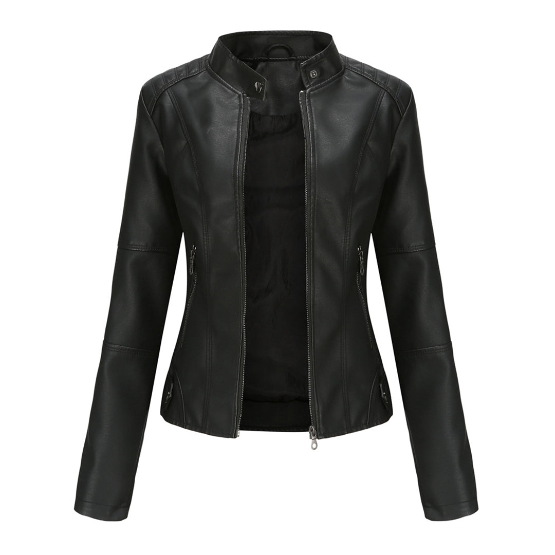 Women's chic tailored leather jacket, a versatile slim-fit outerwear piece with a sleek design.