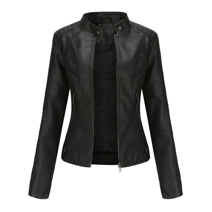 Women's chic tailored leather jacket, a versatile slim-fit outerwear piece with a sleek design.
