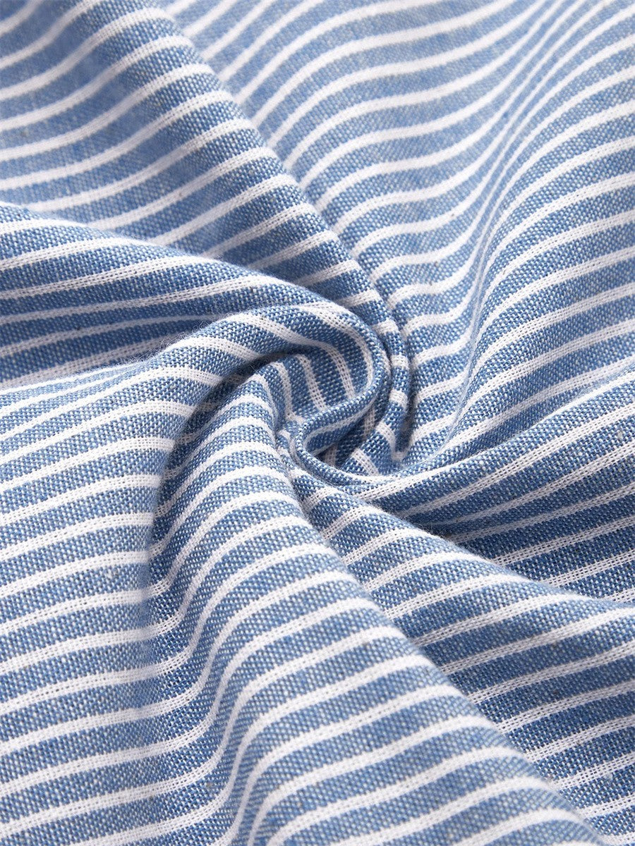Sophisticated women's blue A-line dress with button accents, perfect for versatile elegant summer style.