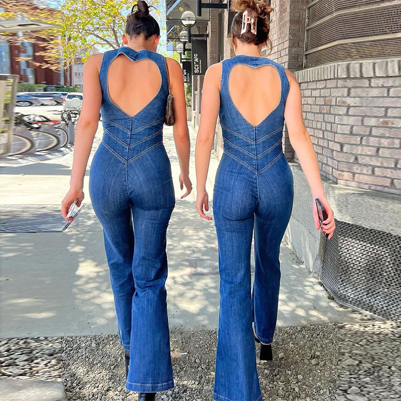 Women's flattering blue denim jumpsuit, a trendy one-piece outfit for stylish, comfortable, and versatile fashion.
