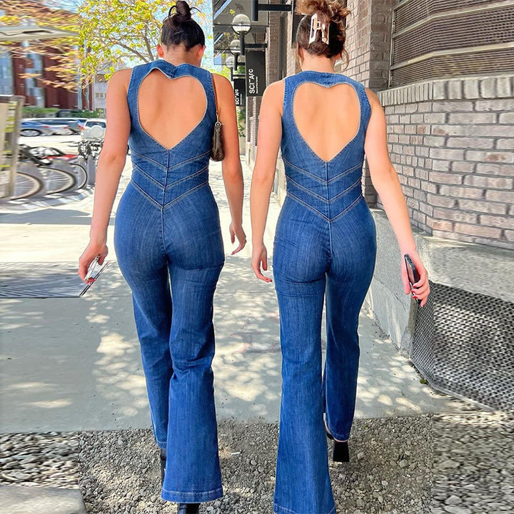 Women's flattering blue denim jumpsuit, a trendy one-piece outfit for stylish, comfortable, and versatile fashion.