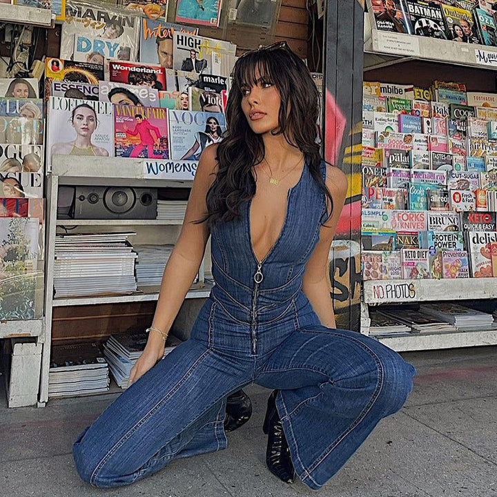 Blue denim women's jumpsuit, a fashionable romper with a comfortable and flattering fit for any casual look.