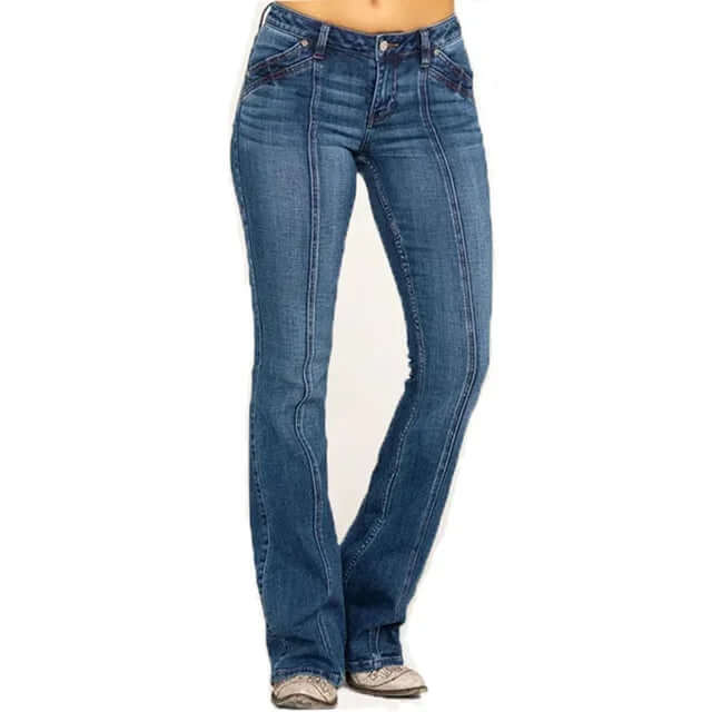 Comfortable women's bell bottom jeans in classic blue, ideal for a fashionable retro denim style.