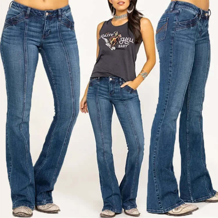 Stylish women's denim flared jeans, perfect for a modern retro fashion statement. High-waist comfort.