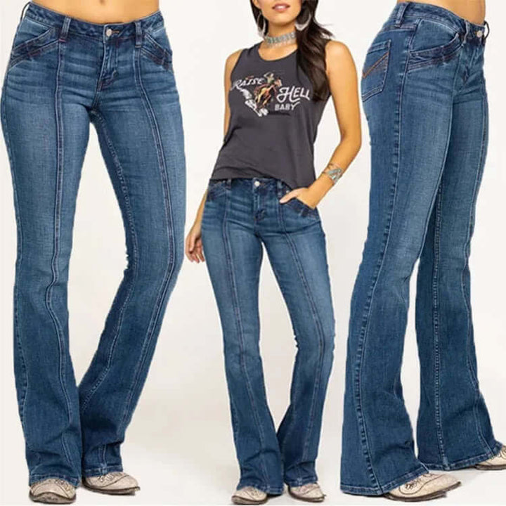 Stylish women's denim flared jeans, perfect for a modern retro fashion statement. High-waist comfort.