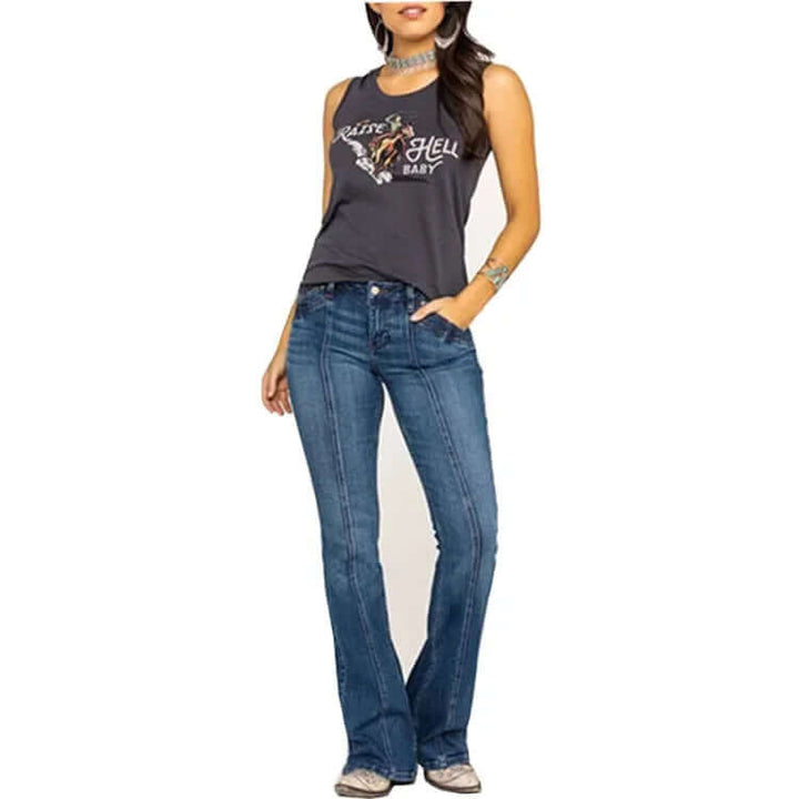 Chic women's retro flared jeans in blue denim, versatile for casual wear and vintage-inspired outfits.
