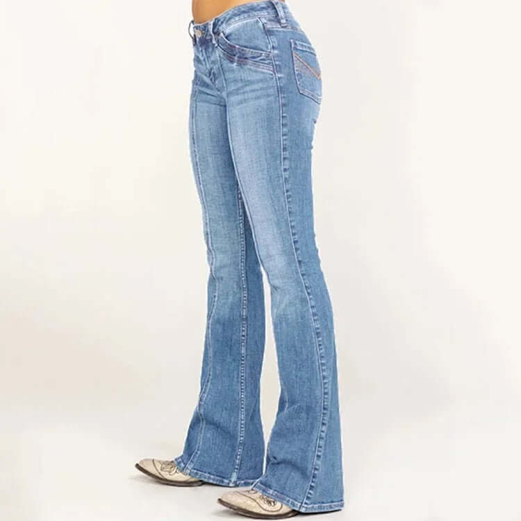 Classic women's bell bottom jeans with a high waist, in blue denim for a true retro chic fashion.