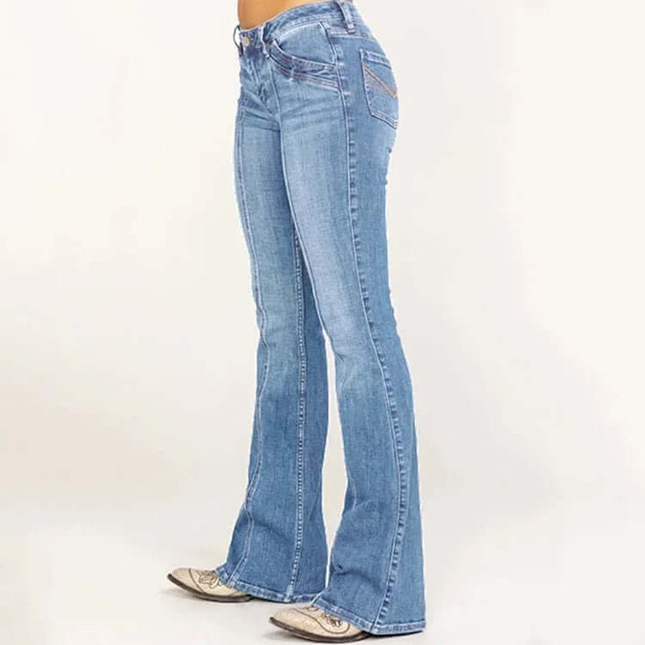 Classic women's bell bottom jeans with a high waist, in blue denim for a true retro chic fashion.