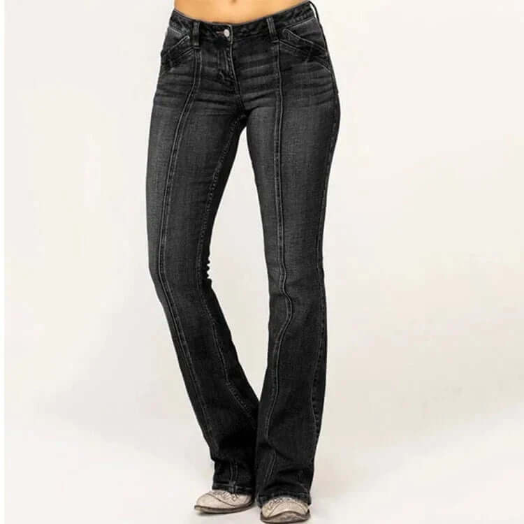 Comfortable women's flared jeans in stylish denim, perfect for a chic retro look and everyday casual wear.