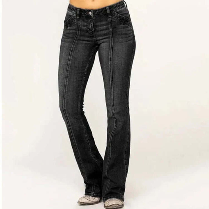 Comfortable women's flared jeans in stylish denim, perfect for a chic retro look and everyday casual wear.