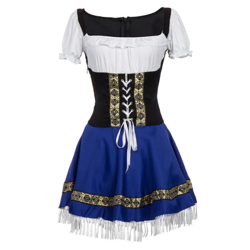 Blue mini Oktoberfest dress for women, featuring a traditional Bavarian design, ideal for themed party events.