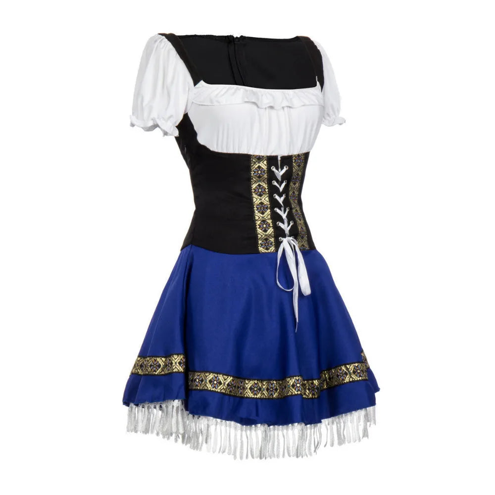 Festive women's blue Oktoberfest costume. Short dress with intricate lace and charming puff sleeves for parties.