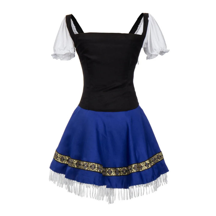 Vibrant blue women's Oktoberfest costume dress. Bavarian themed party outfit with cute puff sleeves & lace accents.