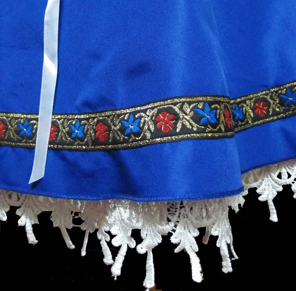 Women's blue Oktoberfest mini dress, a festive Bavarian costume with puff sleeves and delicate lace details.