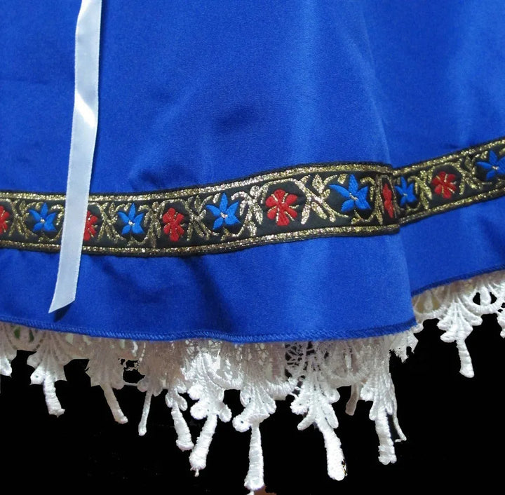Women's blue Oktoberfest mini dress, a festive Bavarian costume with puff sleeves and delicate lace details.