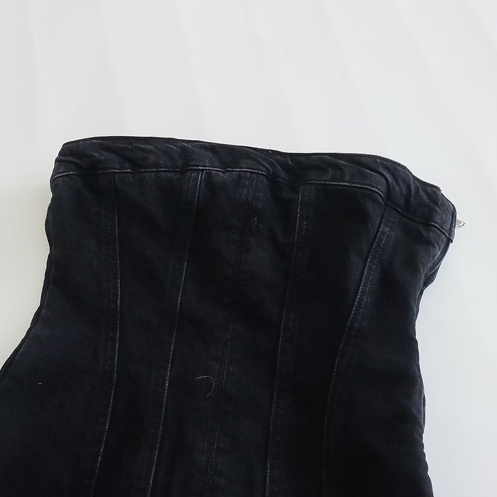Stylish Bobbie strapless denim mini dress, women's casual party wear fashion.