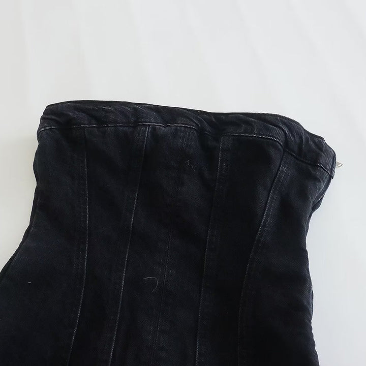 Stylish Bobbie strapless denim mini dress, women's casual party wear fashion.