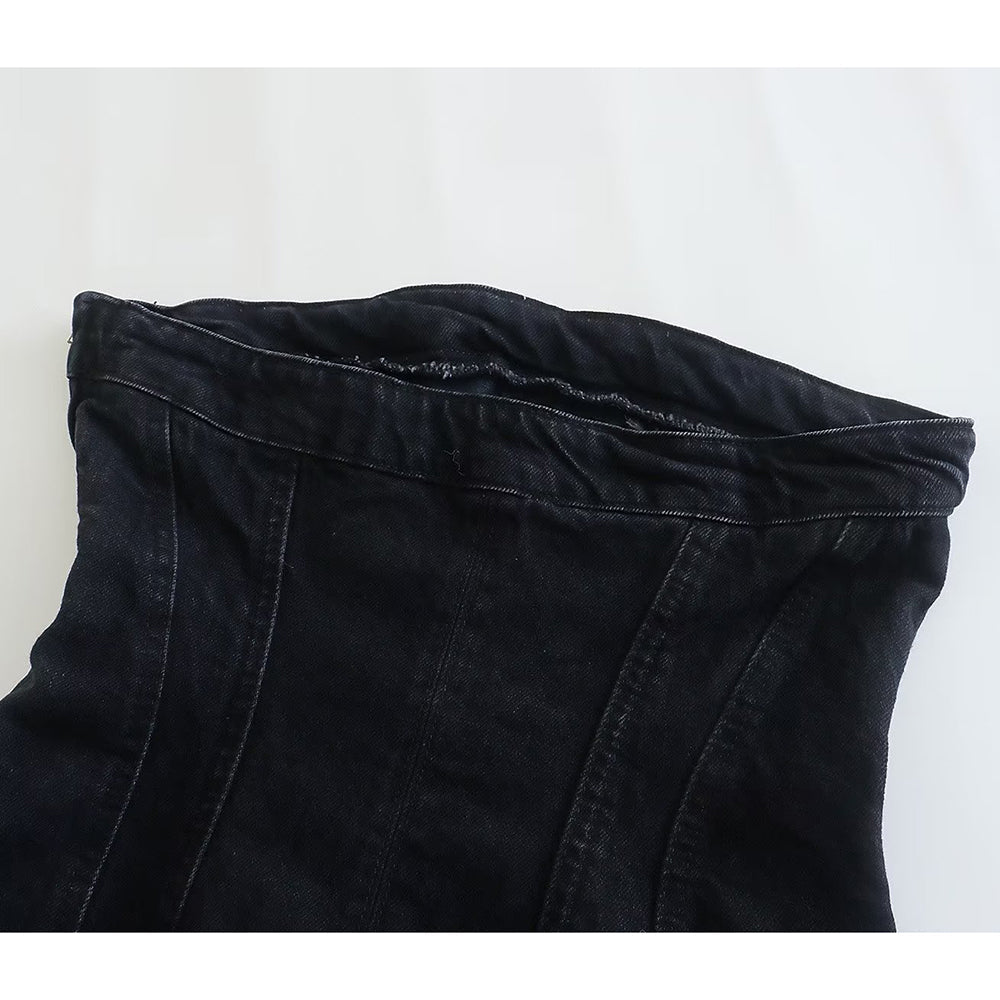 Women's Bobbie strapless denim mini dress, offering chic versatility for summer.