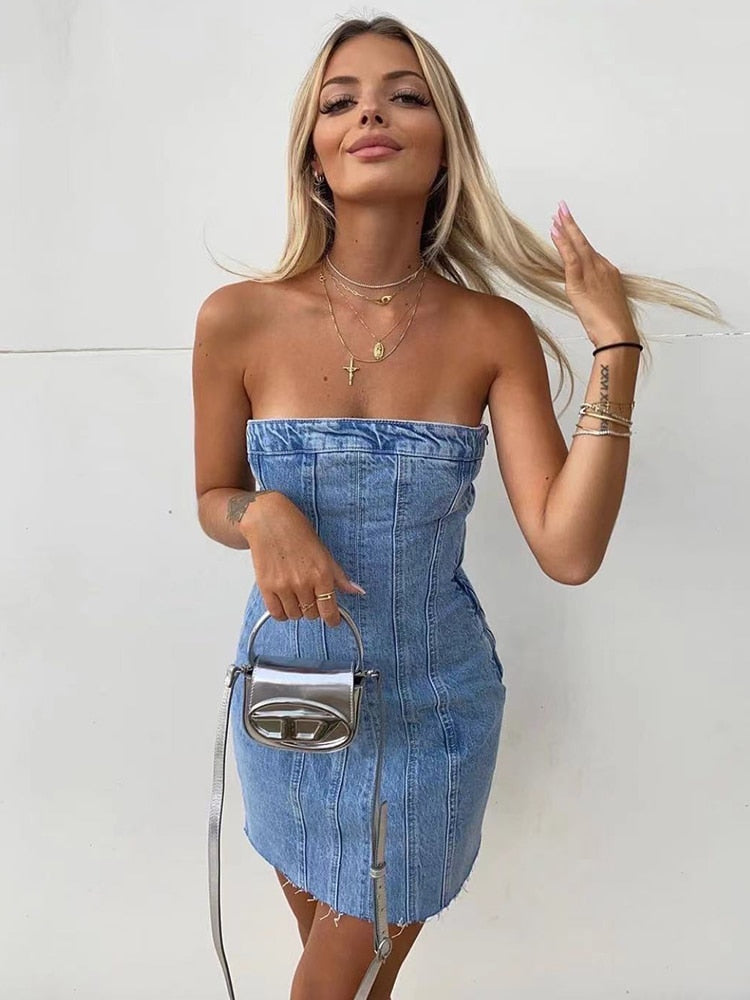 Chic women's Bobbie strapless denim mini dress, versatile for casual or party wear.