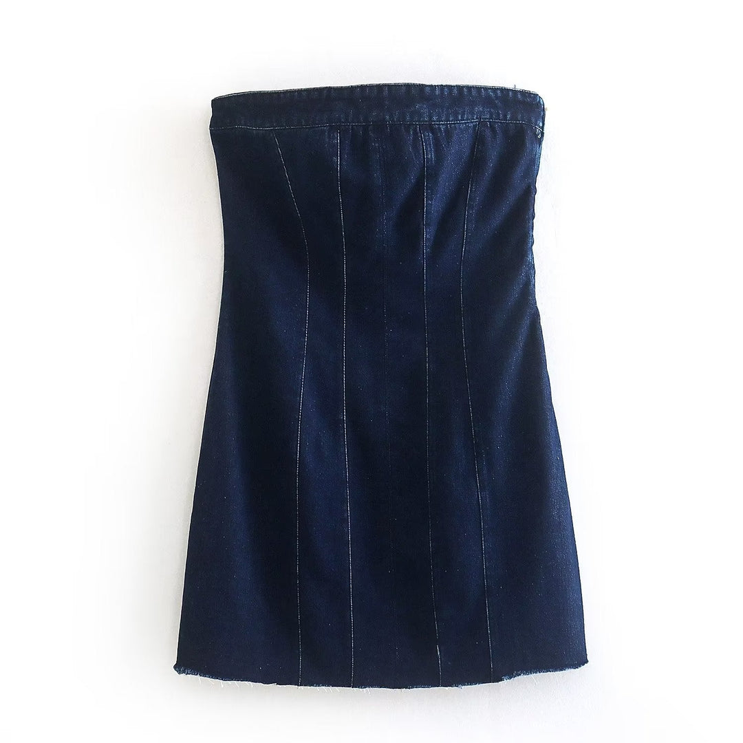 Versatile women's Bobbie strapless denim mini dress, great for day to night wear.