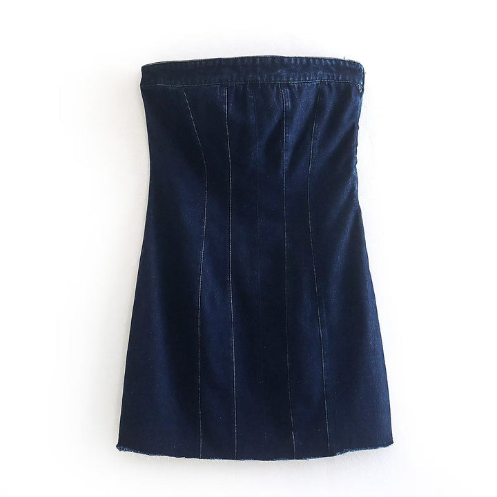 Versatile women's Bobbie strapless denim mini dress, great for day to night wear.