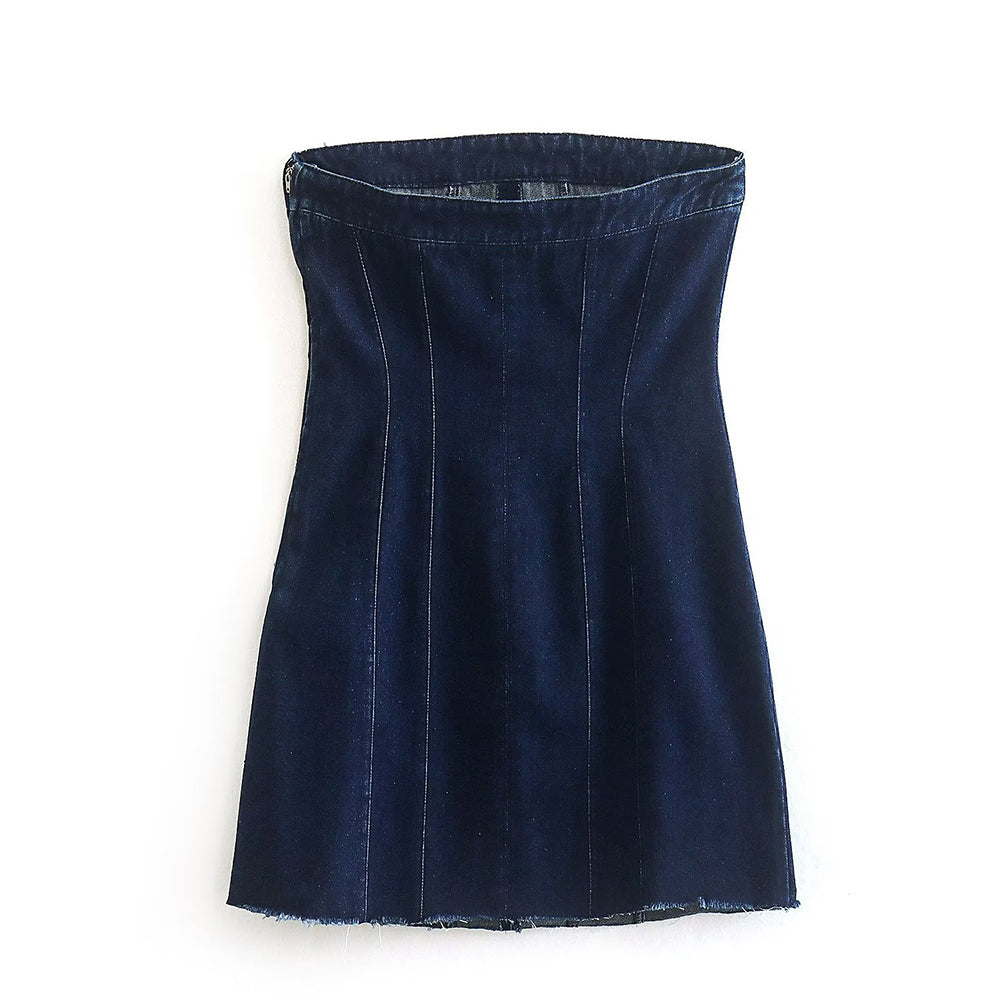 Women's summer fashion Bobbie strapless denim mini dress, a chic wardrobe staple.