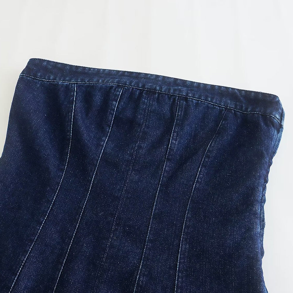Stylish Bobbie strapless denim mini dress for women, perfect for warm weather.