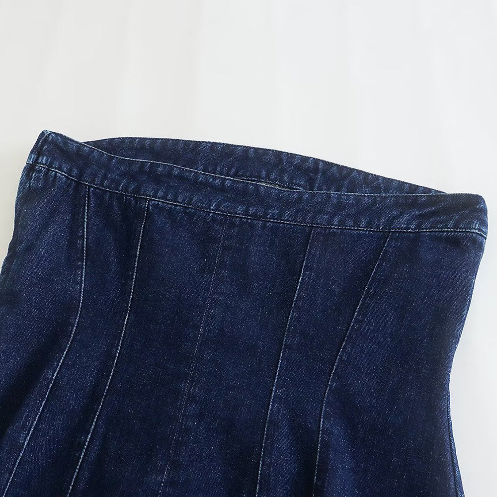 Women's Bobbie strapless denim mini dress, embracing casual elegance this summer.