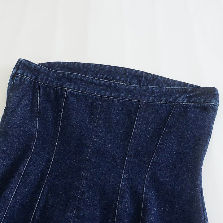Women's Bobbie strapless denim mini dress, embracing casual elegance this summer.