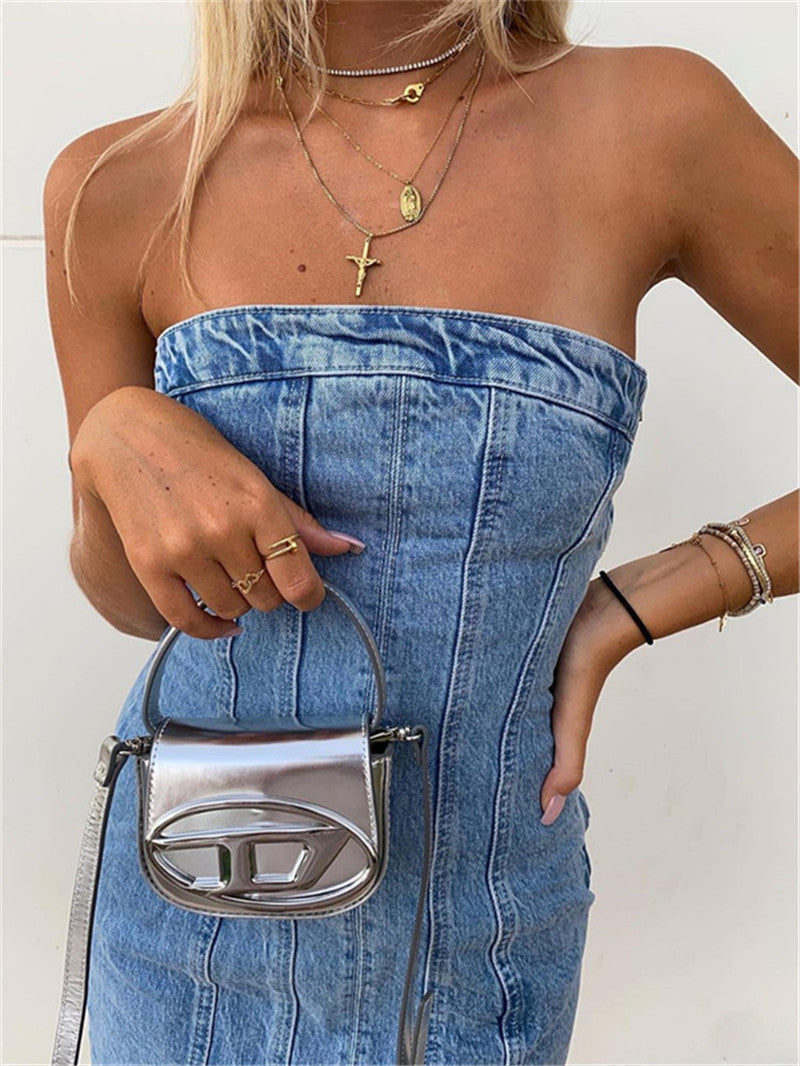 Stylish women's Bobbie strapless denim mini dress, ideal for summer fashion.