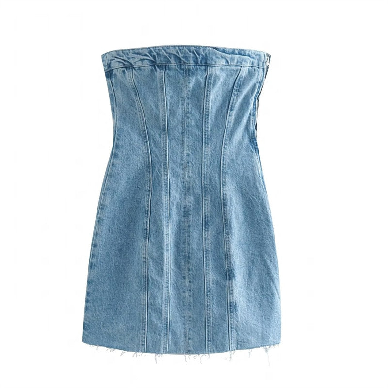 Fashionable Bobbie strapless denim mini dress for women, chic and comfortable.