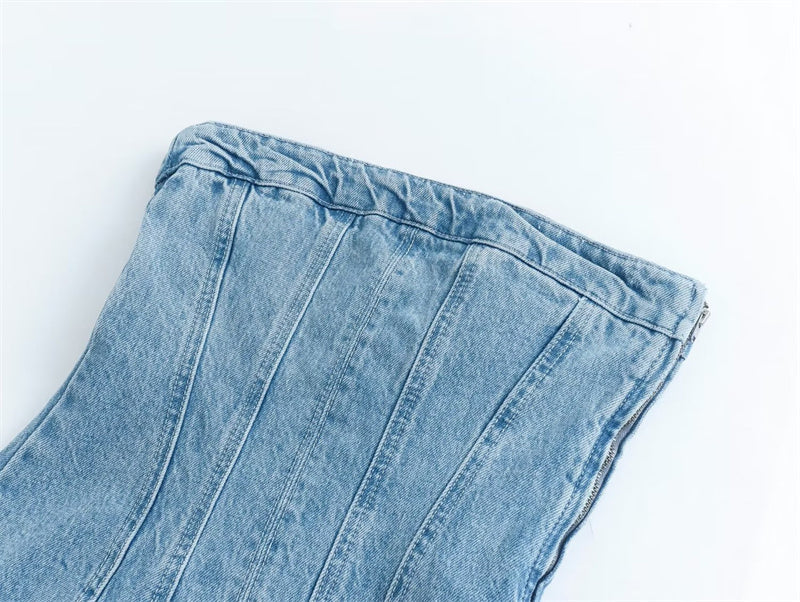 Versatile women's Bobbie strapless denim mini dress, great for summer parties.