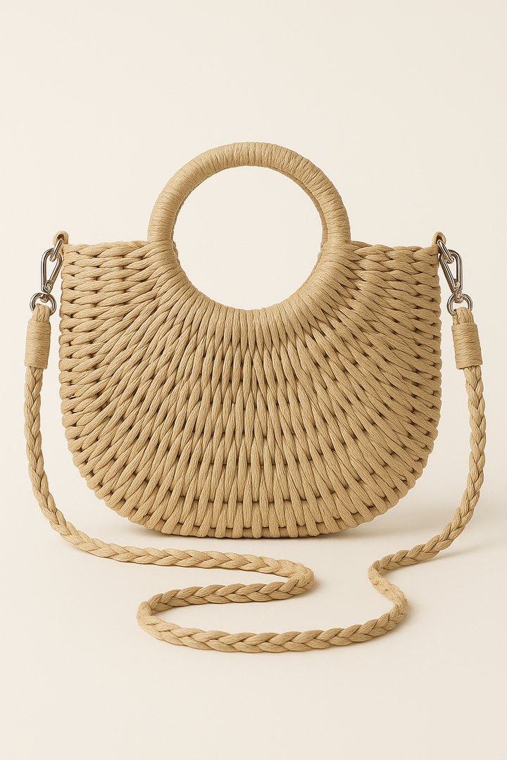 Women's bohemian circular straw handbag, perfect for summer fashion, beach trips, and vacation outfits.