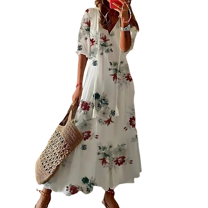 Stylish women's bohemian floral maxi dress, designed for ultimate summer comfort. Perfect long casual beachwear.