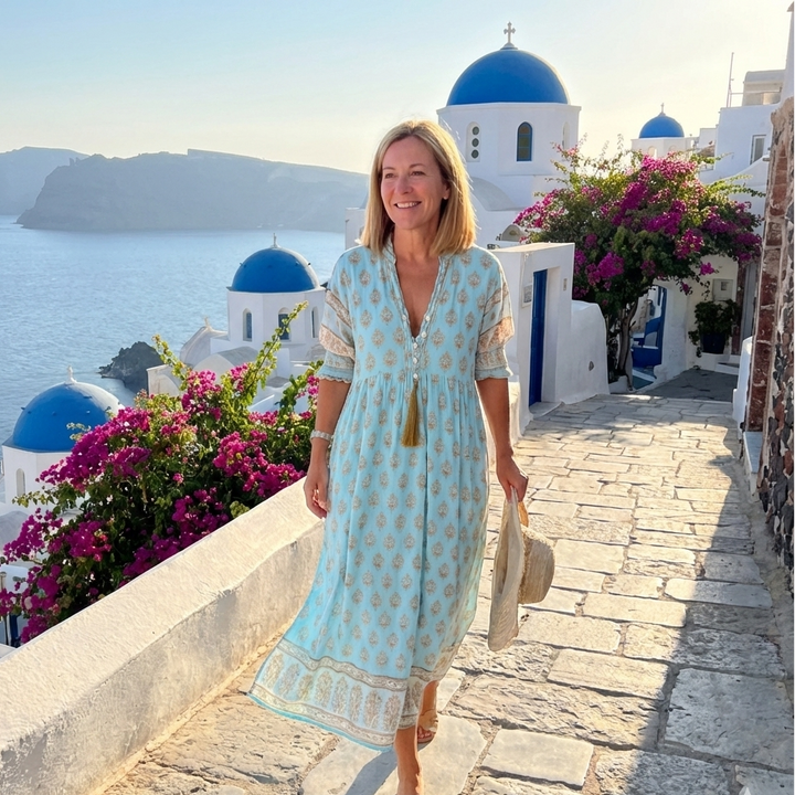 Women's bohemian summer midi dress with convenient pockets, perfect for beach vacations and casual wear.