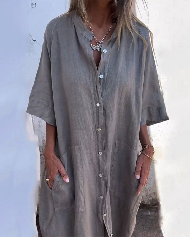 Women's boho button-down shirt dress with tie waist, relaxed fit for everyday wear.