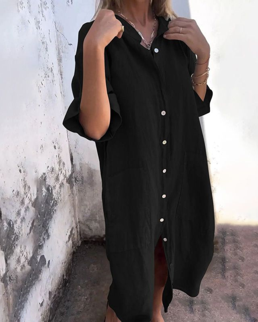 Flowy women's bohemian maxi dress, casual summer style, button-down front, tie waist.